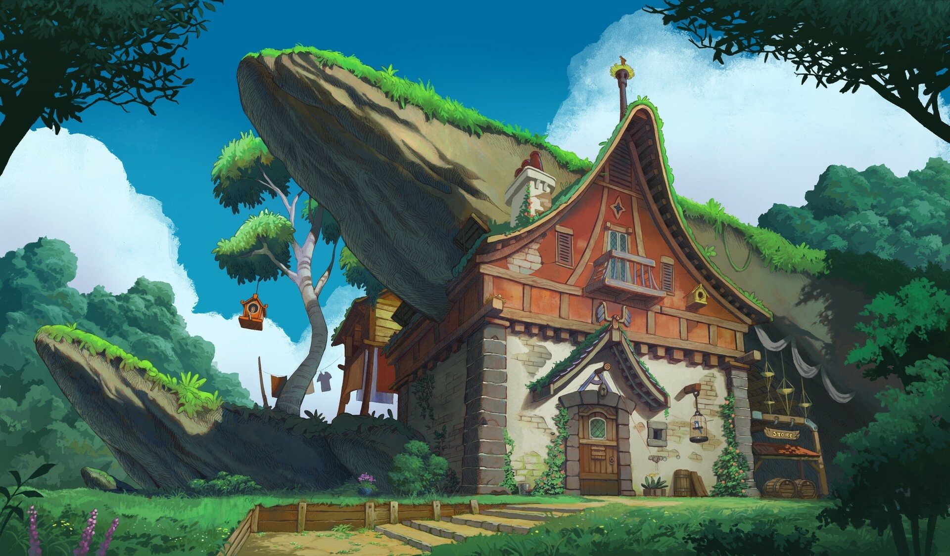 HD desktop wallpaper featuring a charming fantasy house nestled among lush grass and trees, with a dramatic cliff overhang. The vibrant scenery invokes a whimsical, fairy-tale ambiance.