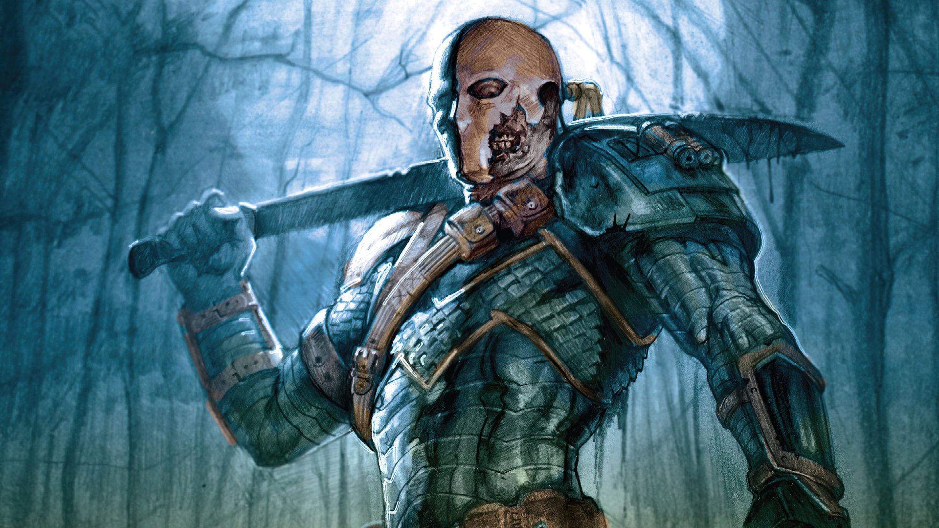 4K Ultra HD PC wallpaper featuring Deathstroke from DC Comics, depicted in detailed armor wielding a weapon in a dark, eerie forest setting.