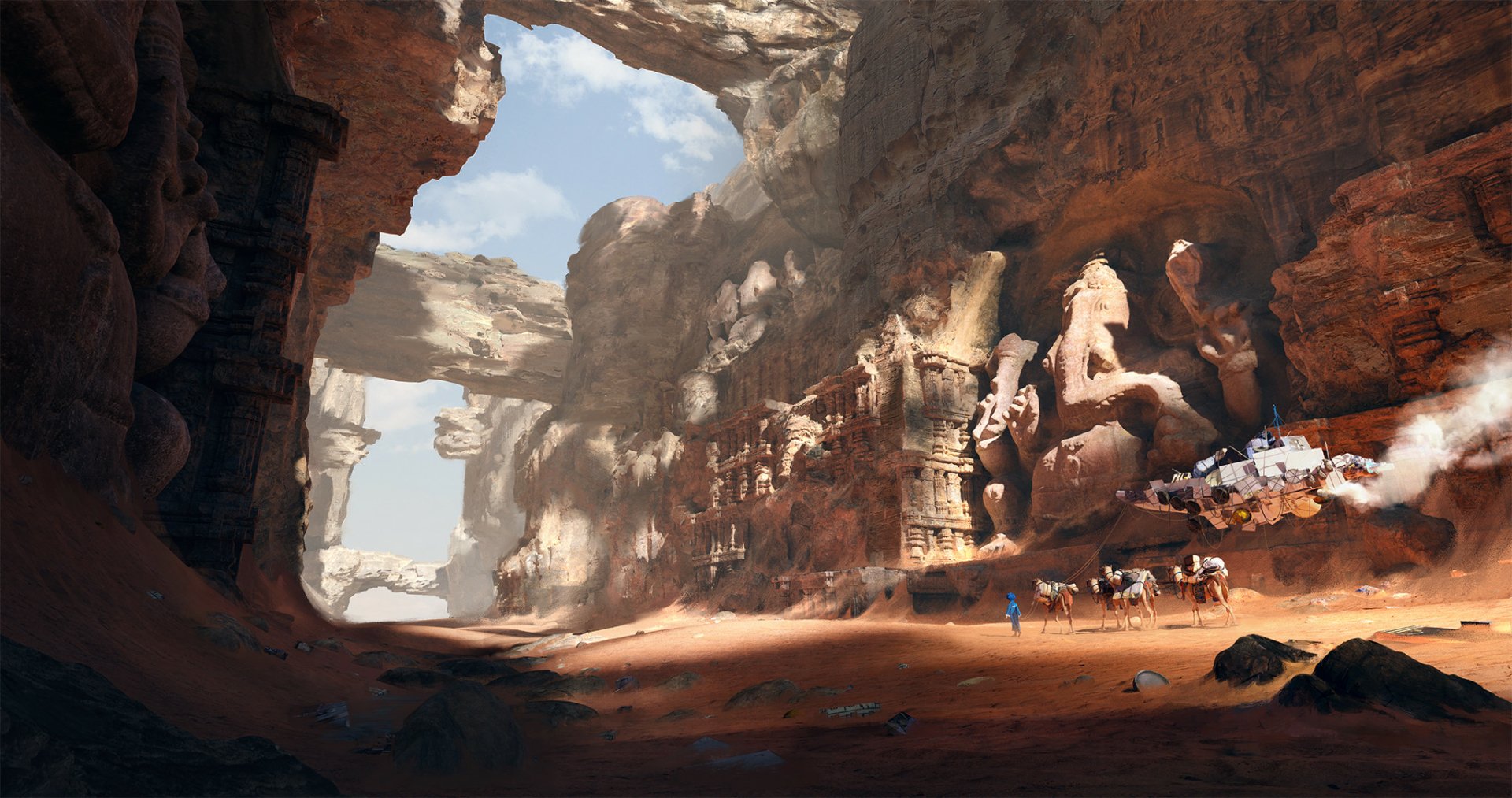 A fantasy landscape of a vast sand canyon featuring massive Ganesh statues carved into the rock walls, with small figures and camels exploring the scene.