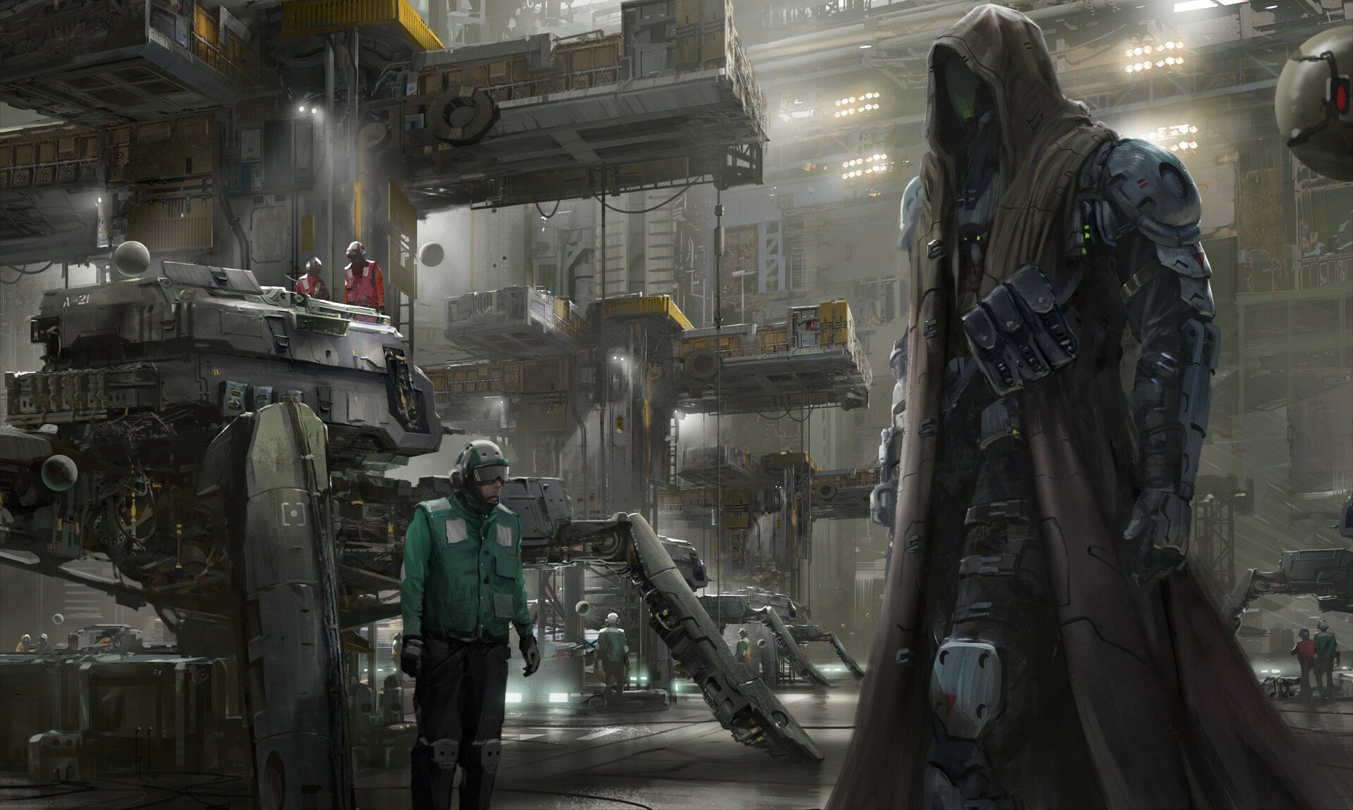 Download Hangar Sci Fi Warrior HD Wallpaper by Scribble Pad Studios