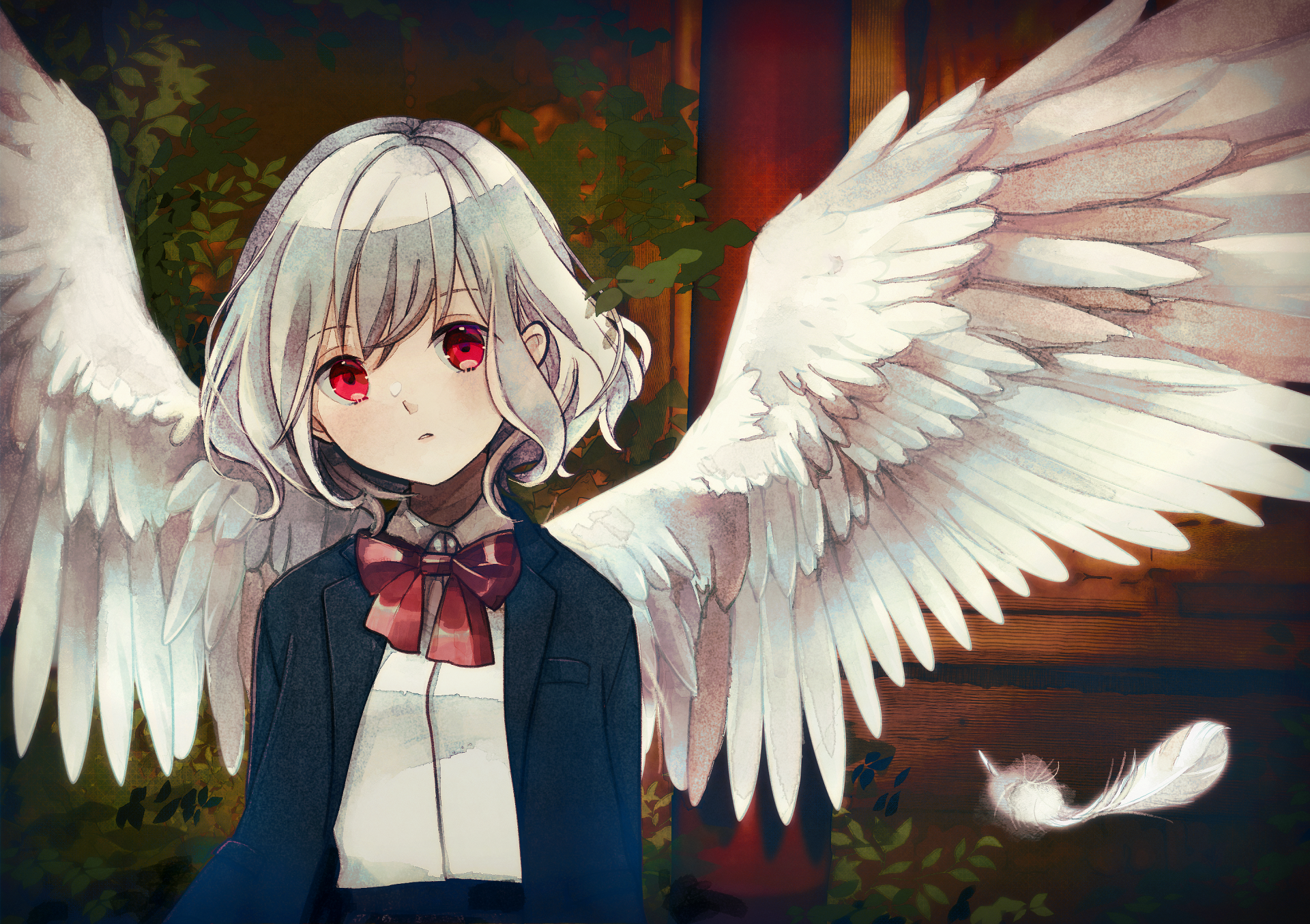 HD anime desktop wallpaper featuring a white-haired anime angel with large, detailed wings and red eyes set against a warm, softly lit background.