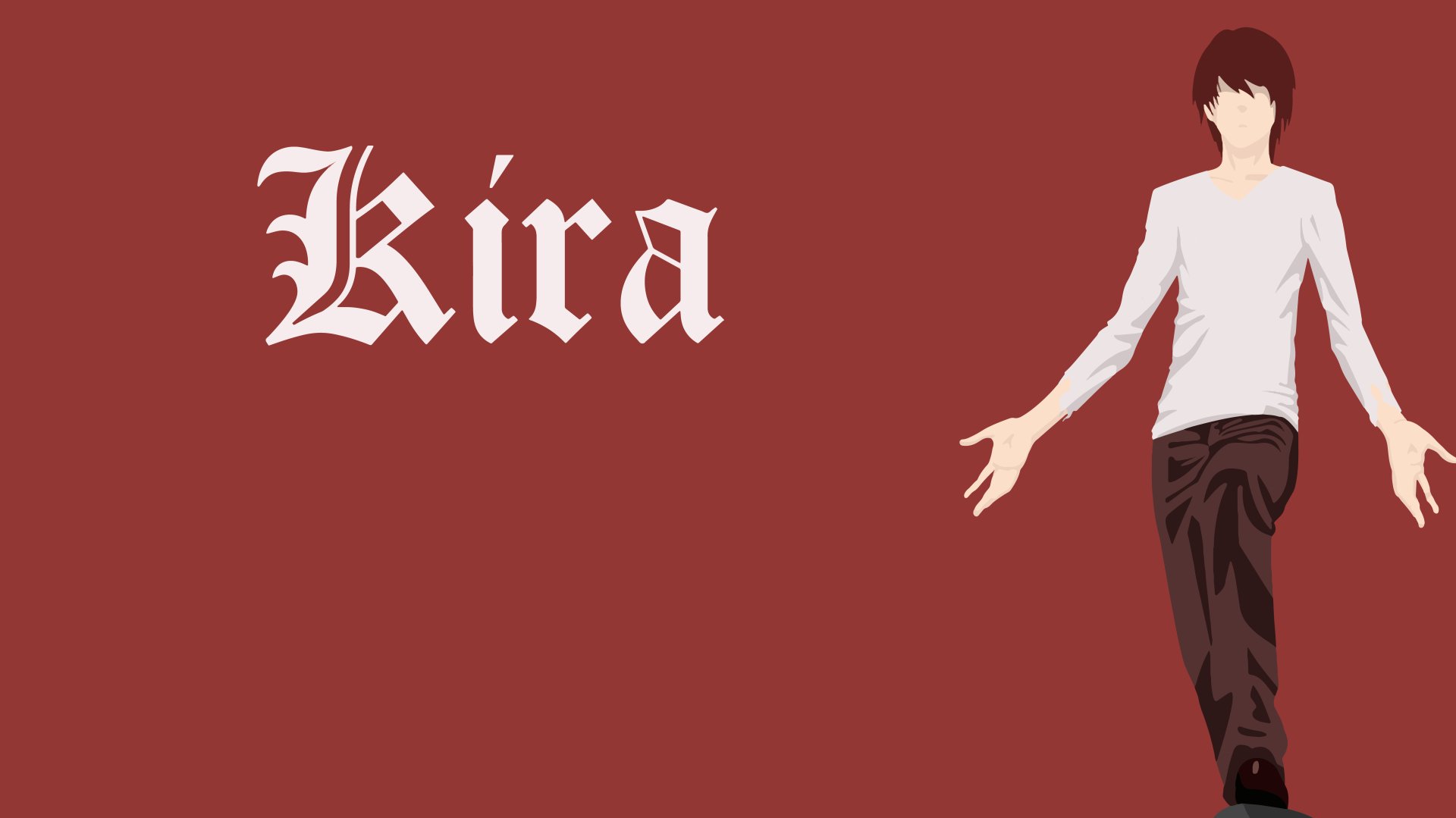Minimalist 8K Ultra HD anime desktop wallpaper showing Kira (Light Yagami) with brown hair against a red background, gothic Kira text at left.