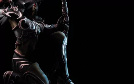 Sylvanas Windrunner, a dark fantasy warrior clad in ornate armor, wields her bow in this striking CGI image, showcasing a powerful and mysterious archer against a black backdrop.