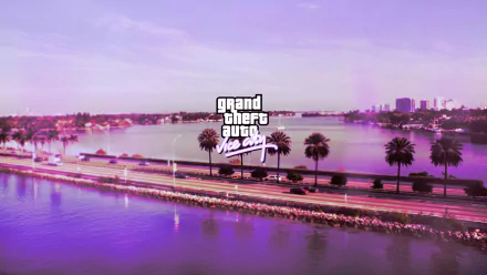 4K Ultra HD PC desktop wallpaper featuring a vibrant coastal scene from the video game Grand Theft Auto: Vice City with palm trees and city skyline at sunset.