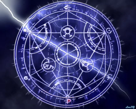 HD desktop wallpaper featuring an intricate alchemy circle from the anime Fullmetal Alchemist, glowing with electric blue energy and set against a dark, stormy background with lightning strikes.