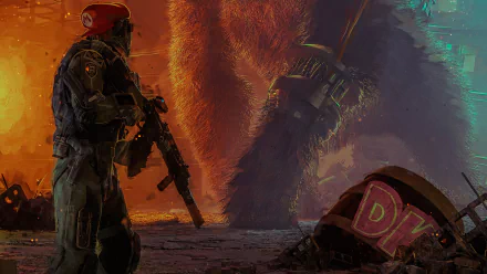 4K Ultra HD PC wallpaper: armed warrior in a Mario cap confronts a towering Donkey Kong amid rubble, a crushed DK helmet in the foreground — cinematic video game showdown.