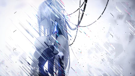 HD PC desktop wallpaper from the anime Qualidea Code depicting a character with long white hair surrounded by digital glitch effects.