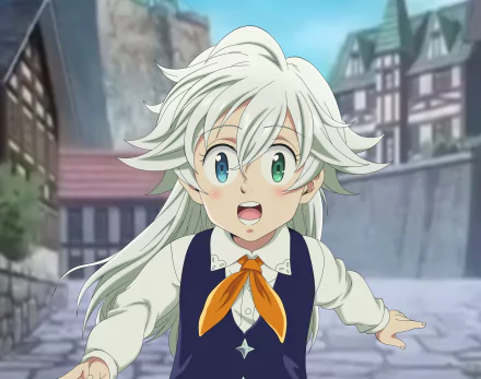 Tristan (The Seven Deadly Sins) anime 2K Quad HD PC desktop wallpaper: white‑haired Tristan with blue and green eyes and orange neck scarf, startled as she runs through a medieval village.