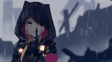 HD desktop wallpaper featuring M4 Sopmod II from the video game Girls' Frontline, depicted with a hood in a snowy setting.