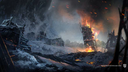 4K Ultra HD Frostpunk video game wallpaper depicting a snowy, post-apocalyptic landscape with burning wooden structures under a dark, stormy sky.