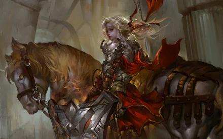 A fantasy HD wallpaper depicting a woman warrior in armor reminiscent of Joan of Arc, mounted on a horse, evoking a knightly and heroic atmosphere.