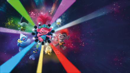 Vibrant 8K Ultra HD desktop wallpaper featuring characters from the movie Trolls World Tour with colorful beams radiating against a starry cosmic background.