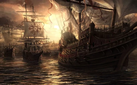 HD desktop wallpaper featuring a fantasy scene with majestic ships sailing on calm waters, illuminated by a dramatic sunset. The intricate details of the ships and the glowing horizon evoke an epic and adventurous atmosphere.