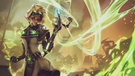 A blonde elf with short hair and goggles casts glowing magic in a vibrant fantasy landscape, rendered in stunning 4K Ultra HD detail.