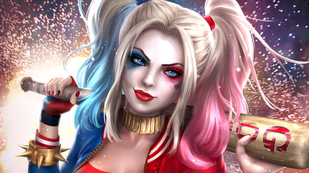 HD PC wallpaper featuring Harley Quinn from DC Comics with twintails, blue eyes, lipstick, and a baseball bat against a sparkling background.