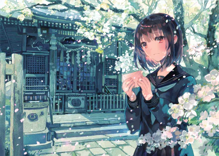 Anime-style HD desktop wallpaper of a schoolgirl in uniform holding a letter, standing amid blooming cherry blossoms in front of a traditional shrine.