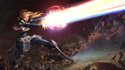 Blonde sorceress Lux from League of Legends unleashes a powerful light beam in this dynamic 4K Ultra HD desktop wallpaper inspired by Legends of Runeterra.