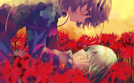 HD PC desktop wallpaper and background of Koishi Komeiji and Satori Komeiji from Touhou — anime scene of Koishi leaning over Satori in a red spider lily field at sunset.
