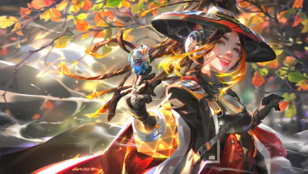 HD PC desktop wallpaper: a smiling fantasy woman in a wide-brimmed hat holds a tiny bird as glowing autumn leaves swirl around her.