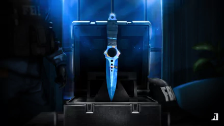 4K Ultra HD PC desktop wallpaper: Counter-Strike: Global Offensive video game scene — a glowing blue combat knife in an open case, shadowy agents and an FBI helmet in the background.