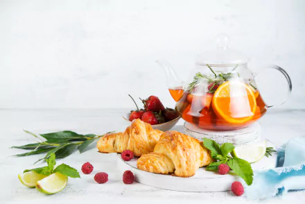 raspberry croissant still life kettle tea food breakfast HD Desktop Wallpaper | Background Image