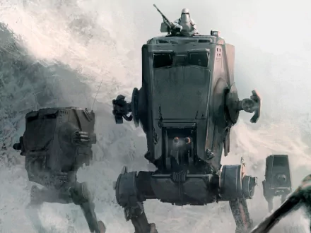 HD desktop wallpaper and background featuring an AT-ST from Star Wars, set in a sci-fi scene with a snowy landscape.