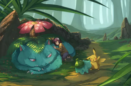 HD desktop wallpaper featuring Venusaur, Bulbasaur, and Pikachu in a lush, forested Pokémon setting.