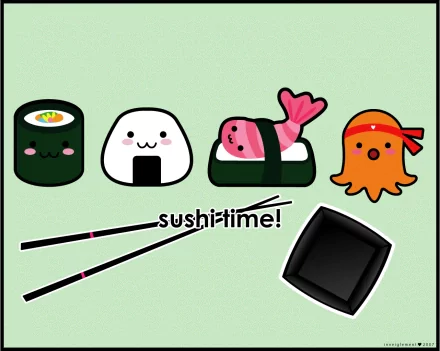 A playful HD desktop wallpaper featuring adorable sushi characters, chopsticks, and a cheerful slogan sushi time! against a light green background.