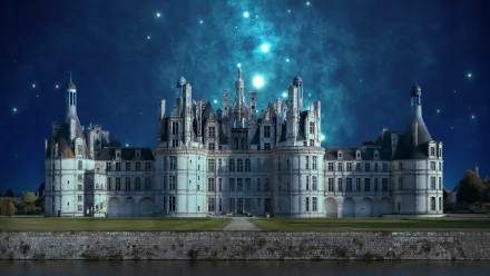 4K Ultra HD PC desktop wallpaper/background of Château de Chambord: a man-made fantasy castle glowing beneath a teal starfield, mirrored in the river.