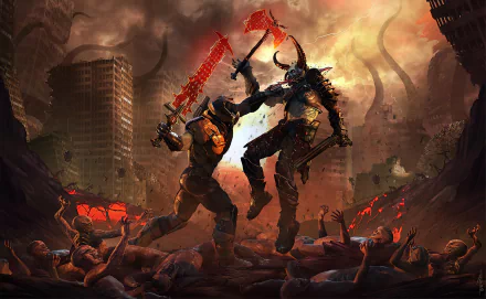 A fierce warrior battles a towering demon with glowing swords amid a ruined cityscape, captured in stunning 4K Ultra HD from the video game DOOM Eternal.