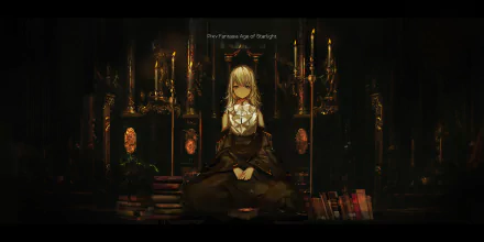 Anime character L from Pixiv Fantasia: Age of Starlight sits peacefully in a dark, candlelit room surrounded by books, rendered in HD for a PC desktop wallpaper.
