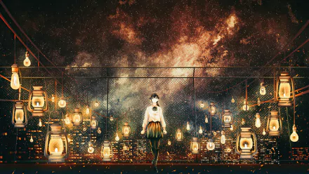 Anime-style city night scene featuring a girl in uniform standing amid glowing lamps under a vibrant starry sky, rendered as an HD PC desktop wallpaper.