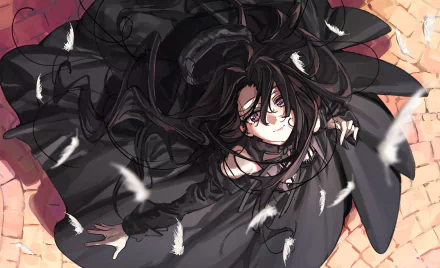 Original anime artwork: a dark-haired girl in a flowing black dress, hair and white feathers swirling as she looks upward — 2K Quad HD PC desktop wallpaper/background.