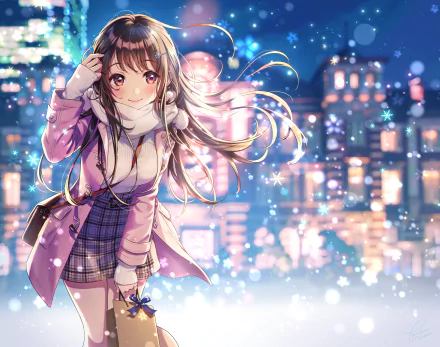 Anime original HD PC desktop wallpaper: cheerful girl in a pink coat and scarf stands in a snowy, bokeh-lit city at night, hair and ribbons fluttering, warm smile.