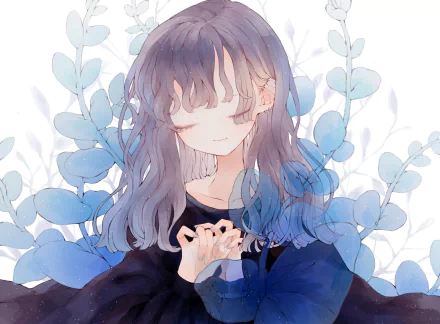 Anime-style original HD desktop wallpaper featuring a serene girl with purple hair, eyes closed, surrounded by soft blue foliage on a light background.
