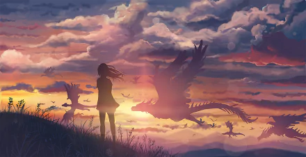 Anime original HD PC desktop wallpaper background: silhouetted girl on a grassy hill watches dragons soar through a fiery sunset sky filled with dramatic clouds.