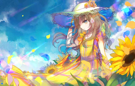 Anime original HD PC desktop wallpaper and background: a girl in a straw hat and yellow dress among sunflowers under a vibrant blue sky, colorful light streaks and petals swirling.