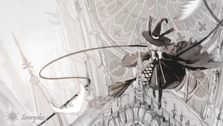HD anime original desktop wallpaper featuring a dynamic scene of a witch in a dark outfit flying on a broomstick against a light, intricate architectural background.