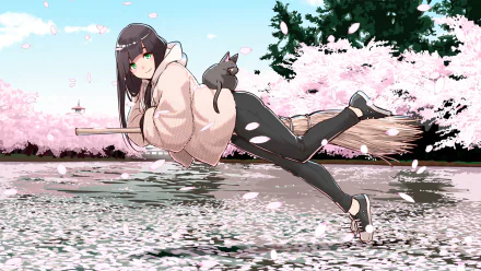 Makoto Kowata cat cherry blossom water green eyes long hair Anime Flying Witch anime cat HD Desktop Wallpaper | Background Image