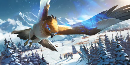 Video game HD PC desktop wallpaper background — Legends of Runeterra scene: a giant luminous bird soars over snow-covered mountains while small travelers cross a frozen forest.