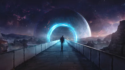 A person walks on a bridge at night toward a glowing sci-fi portal with a large planet and mountainous landscape in the background, rendered in 4K Ultra HD.
