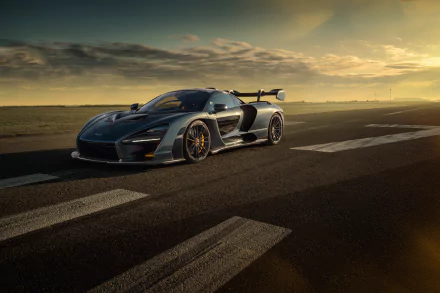 A sleek McLaren Senna supercar in 8K Ultra HD, captured on an open road at sunset, showcasing its aerodynamic design and powerful stance.