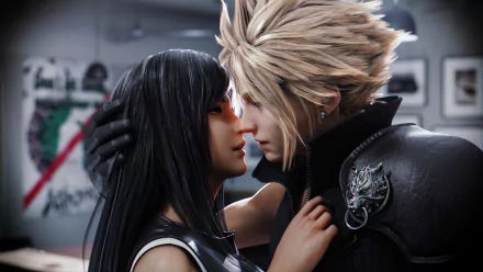 Tifa Lockhart and Cloud Strife from Final Fantasy VII Remake share an intimate moment in this 4K Ultra HD PC desktop wallpaper.