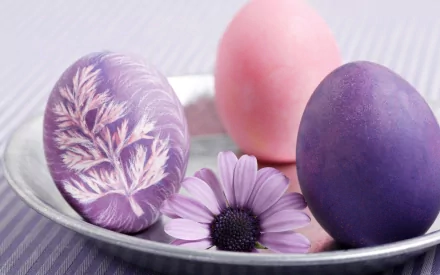 A decorative HD Easter wallpaper featuring beautifully dyed eggs in shades of purple and pink, accompanied by a purple flower on a silver plate against a soft background.
