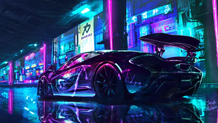 A McLaren MP4-12C sports car in vibrant neon lights, captured as a 4K Ultra HD PC desktop wallpaper with a futuristic urban backdrop.