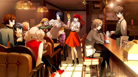 Persona 5 Royal cast relaxing in a cozy café, stylized anime scene — 2K Quad HD PC desktop wallpaper/background from the Persona video game.