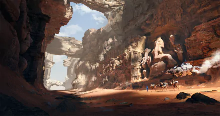 A fantasy landscape of a vast sand canyon featuring massive Ganesh statues carved into the rock walls, with small figures and camels exploring the scene.
