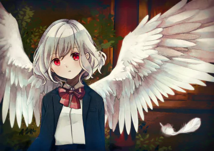 HD anime desktop wallpaper featuring a white-haired anime angel with large, detailed wings and red eyes set against a warm, softly lit background.