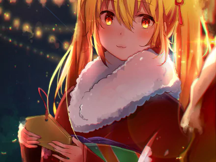 HD anime desktop wallpaper featuring Tohru from Miss Kobayashi's Dragon Maid, warmly dressed and glowing in a festive, softly lit night setting.