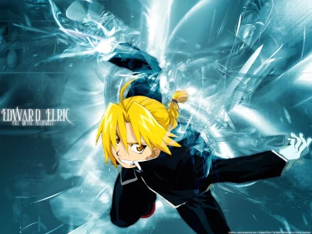 A vibrant HD wallpaper featuring Edward Elric from the anime Fullmetal Alchemist, showcasing his determined expression against a dynamic, icy blue background.